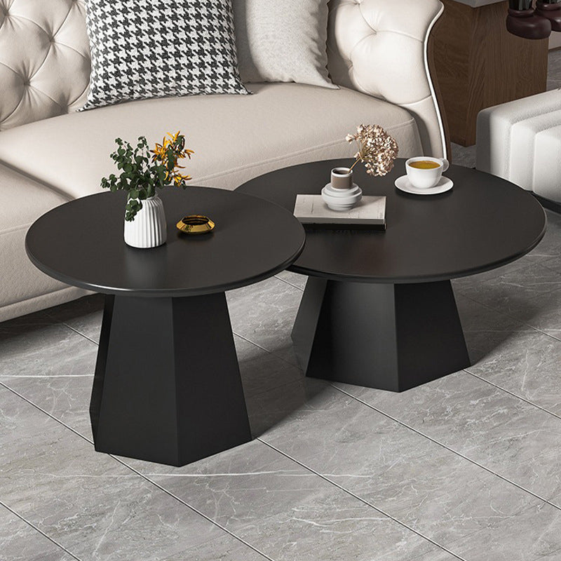 Mid-Century Iron Round Pedestal Coffee Cocktail Table Set in Black & White