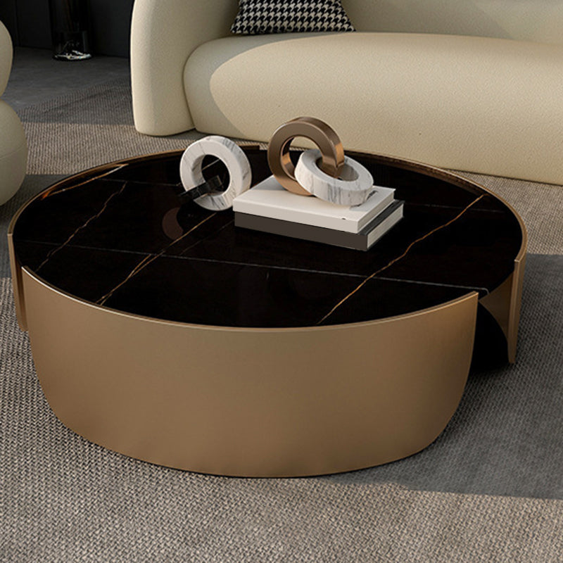Luxurious Metal Drum Coffee Table Round Stone Top Cocktail Table