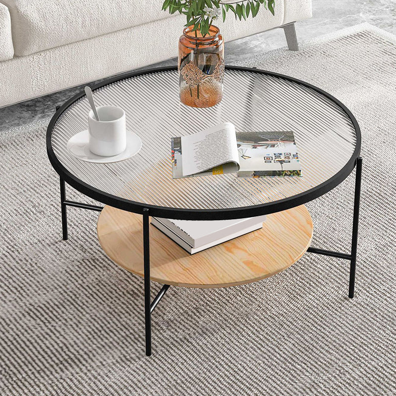 Glass Top 4 Legs Coffee Table Modern Round Cocktail Table in Black/Gold