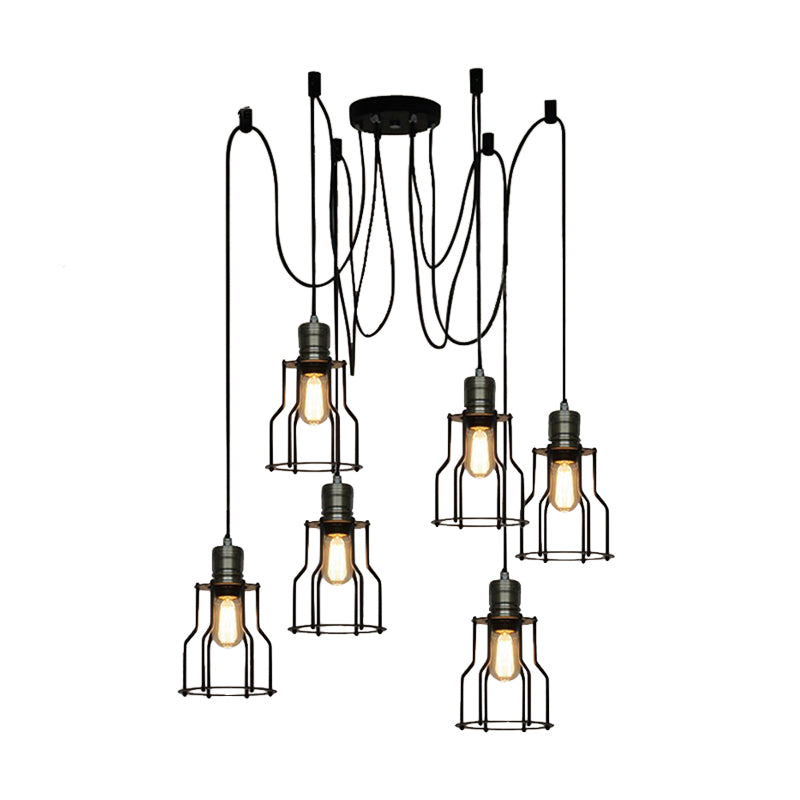 6/10 Bulbs Pendant Lamp Vintage Stylish Metal Swag Ceiling Fixture with Wire Guard in Black for Dining Room