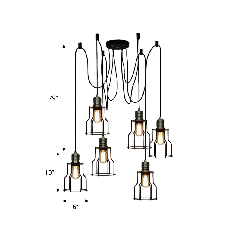 6/10 Bulbs Pendant Lamp Vintage Stylish Metal Swag Ceiling Fixture with Wire Guard in Black for Dining Room