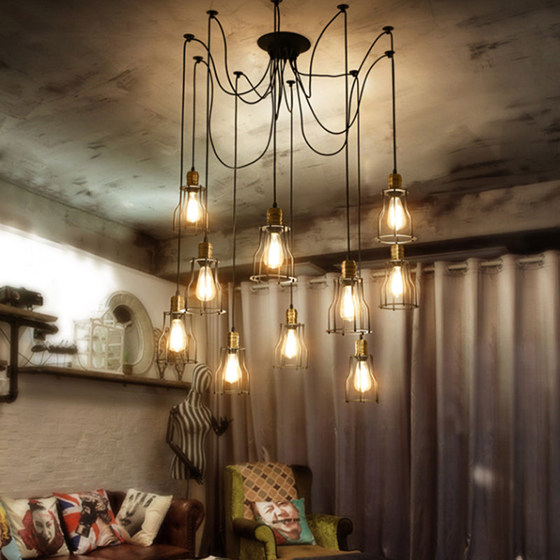 6/10 Bulbs Pendant Lamp Vintage Stylish Metal Swag Ceiling Fixture with Wire Guard in Black for Dining Room
