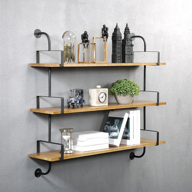 Metal and Wooden Shelf Bookcase Floating Open Wall Mounted Book Shelf for Study Room