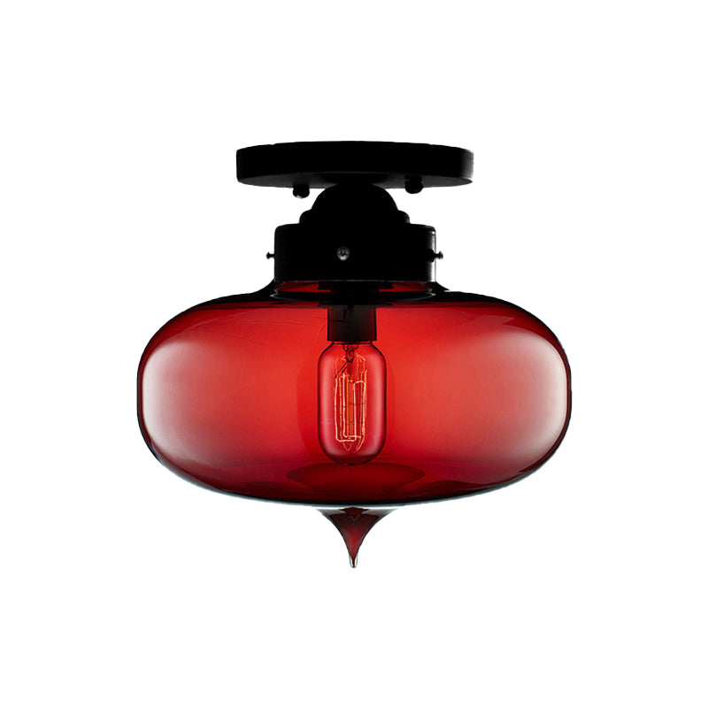 Black One Light Ceiling Mount Industrial Red / Brown / Amber Glass Oval Shade Semi Flush Light for Dining Room