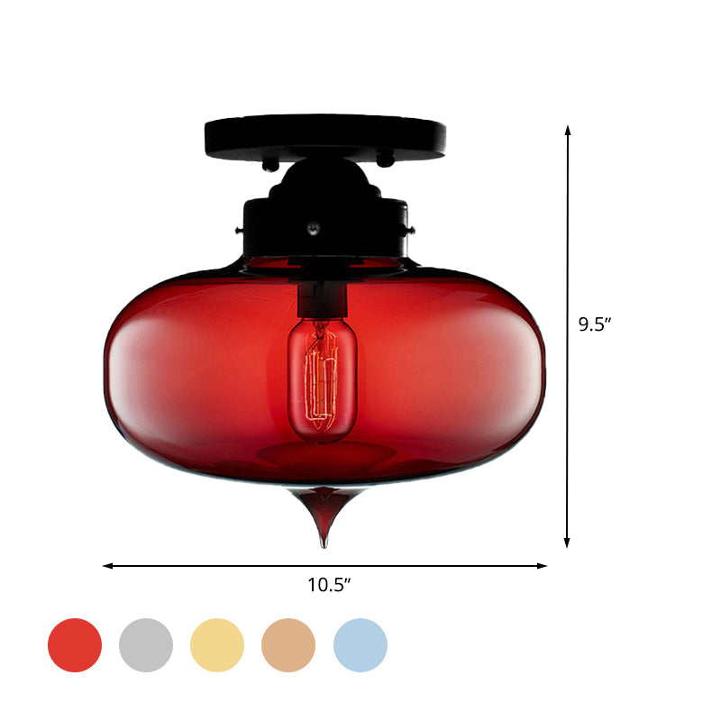 Black One Light Ceiling Mount Industrial Red / Brown / Amber Glass Oval Shade Semi Flush Light for Dining Room