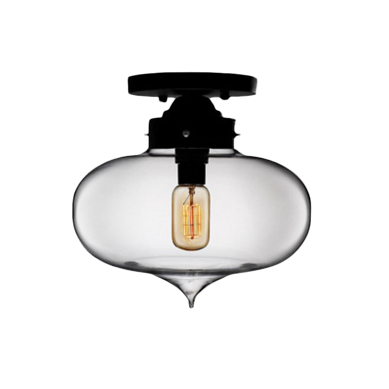 Black One Light Ceiling Mount Industrial Red / Brown / Amber Glass Oval Shade Semi Flush Light for Dining Room