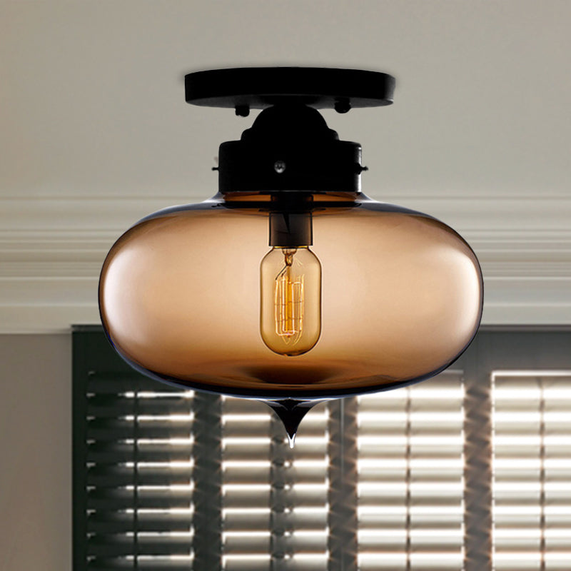 Black One Light Ceiling Mount Industrial Red / Brown / Amber Glass Oval Shade Semi Flush Light for Dining Room