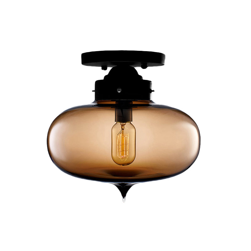 Black One Light Ceiling Mount Industrial Red / Brown / Amber Glass Oval Shade Semi Flush Light for Dining Room