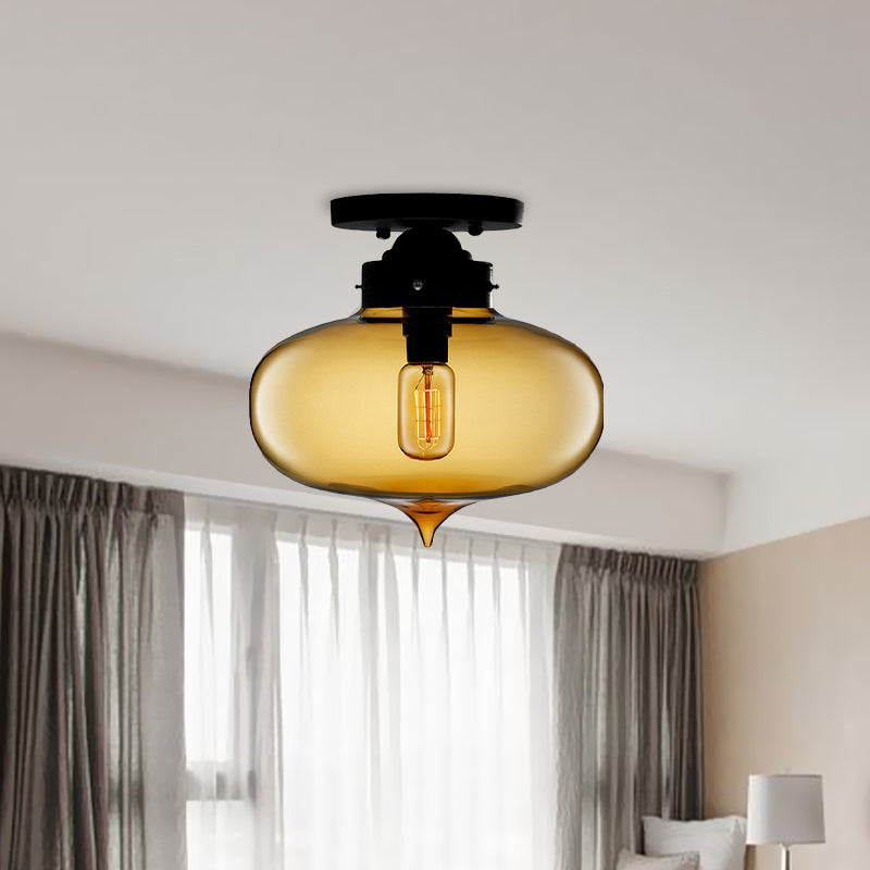 Black One Light Ceiling Mount Industrial Red / Brown / Amber Glass Oval Shade Semi Flush Light for Dining Room