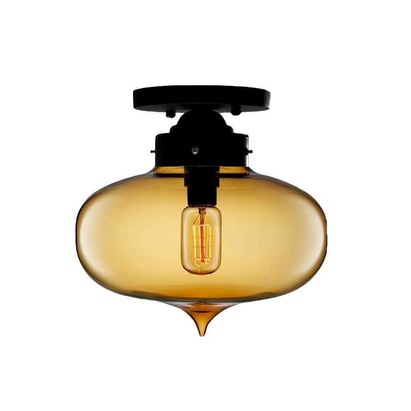 Black One Light Ceiling Mount Industrial Red / Brown / Amber Glass Oval Shade Semi Flush Light for Dining Room