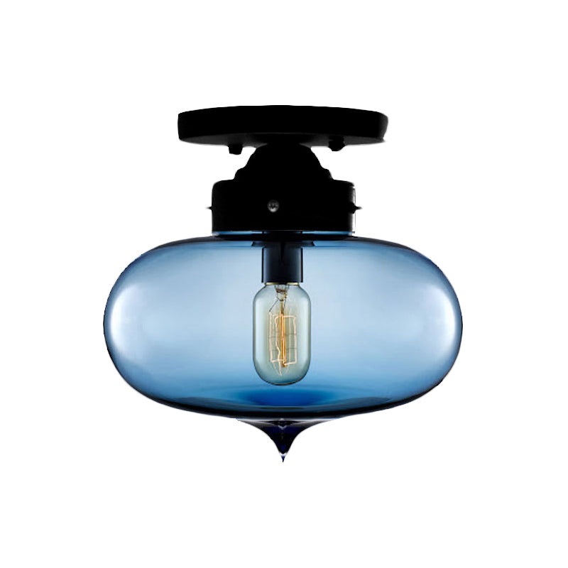 Black One Light Ceiling Mount Industrial Red / Brown / Amber Glass Oval Shade Semi Flush Light for Dining Room