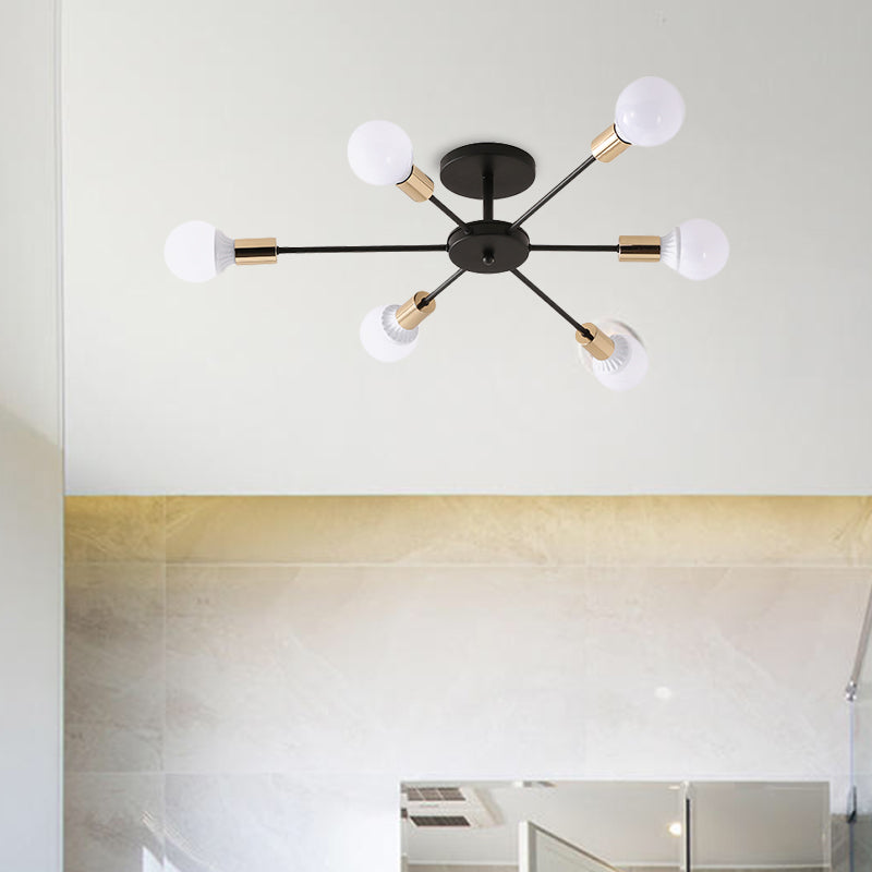 Black Sputnik Semi Flush Light Industrial Metallic 6/8 Lights Ceiling Mounted Fixture with Exposed Bulb, 23.5"/27.5" W