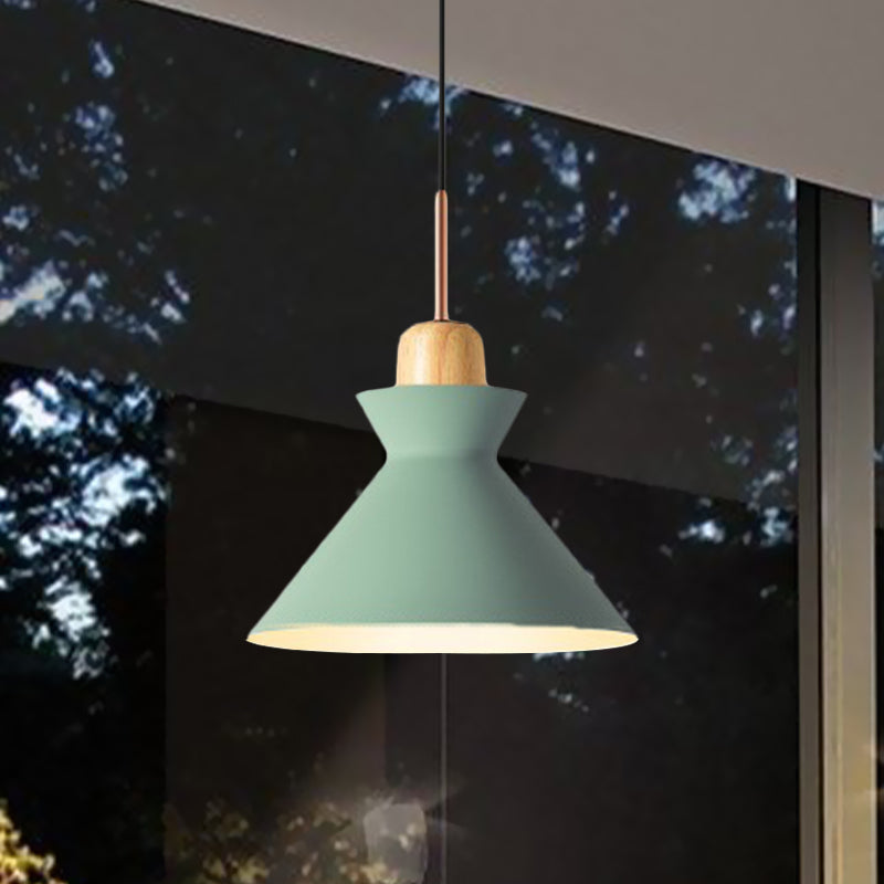 Lámpara colgante cónica con estilo nórdico 1 Bulbo de metal y madera iluminación colgante en gris/blanco para sala de estar