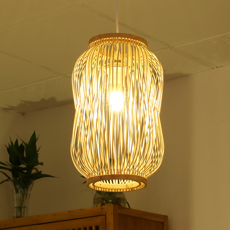 Lámpara de techo de diseño de linterna de estilo modernista Bambú 1 Bulbo Interior Luz colgante en beige