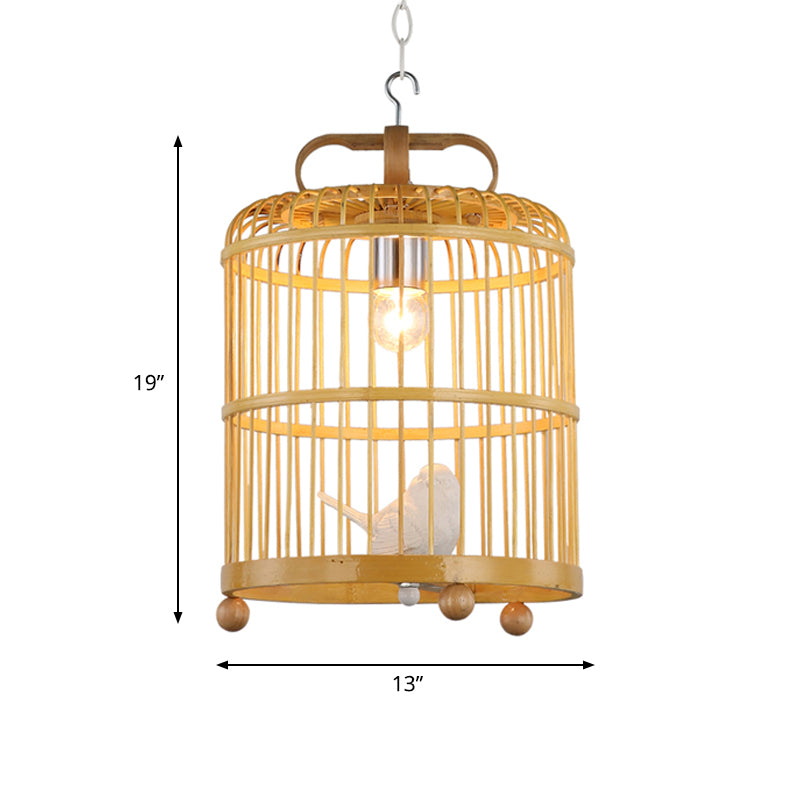 Bamboo Birdcage Shade Pendant Light with Bird Accent Chinese Style 1 Head Beige Hanging Lamp, 8"/10" Width