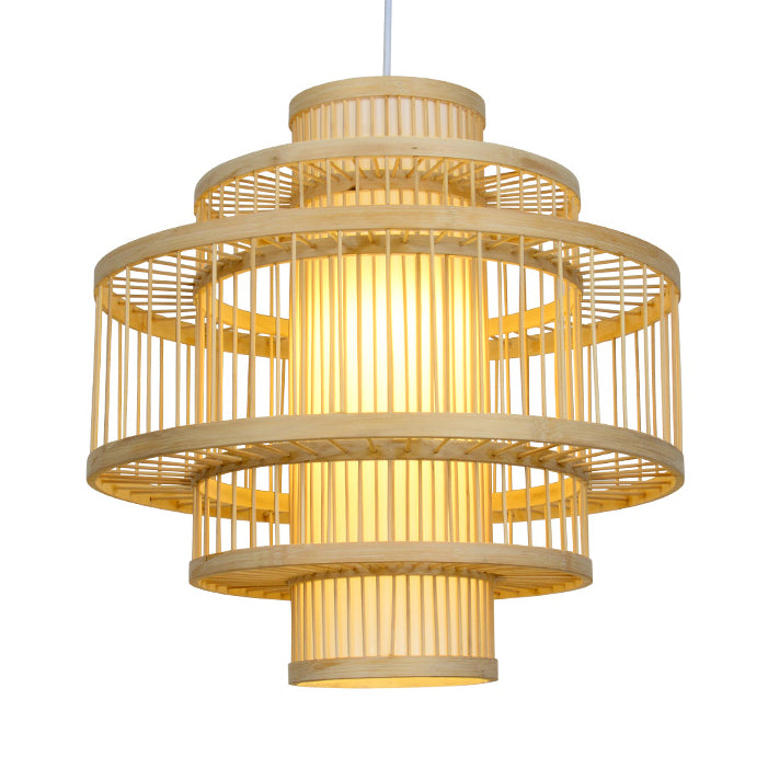 Modernist gestufte Bambushängeanhänger mit Zylinderschatten 19,5 "/23,5" W 1 Licht Deckenlampe in Beige