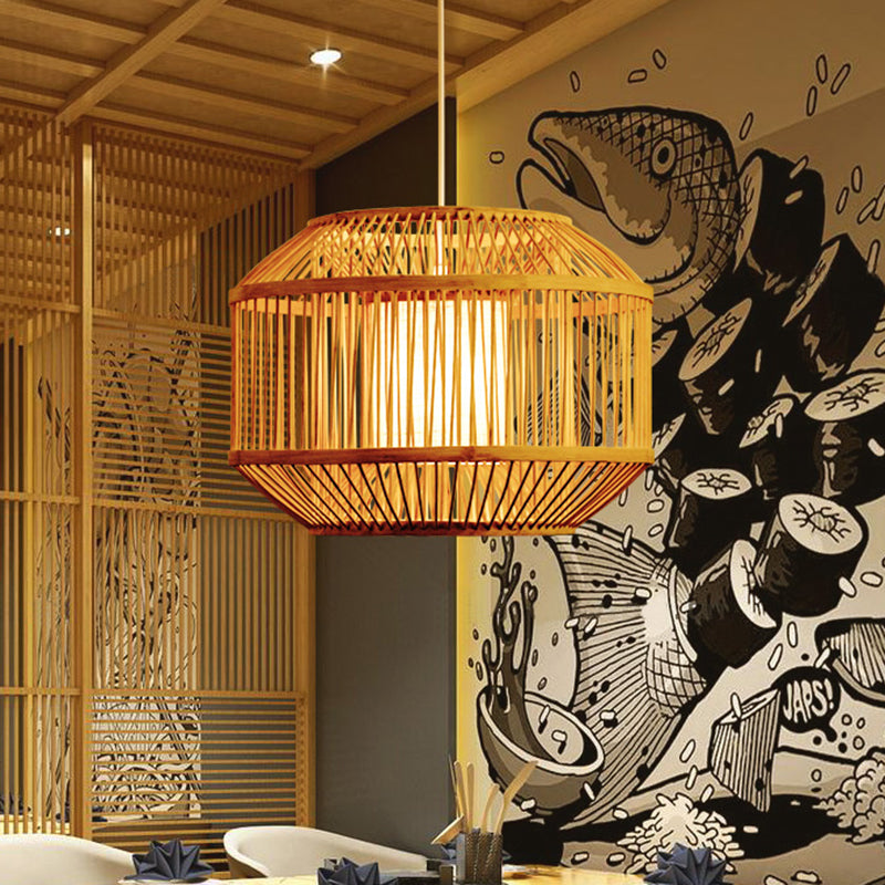 Asian handgewebtes Bambus -Hängen -Gerät mit geometrischem Schatten 16 "/19.5" W 1 Lichtheizbeleuchtung in Beige für Esszimmer