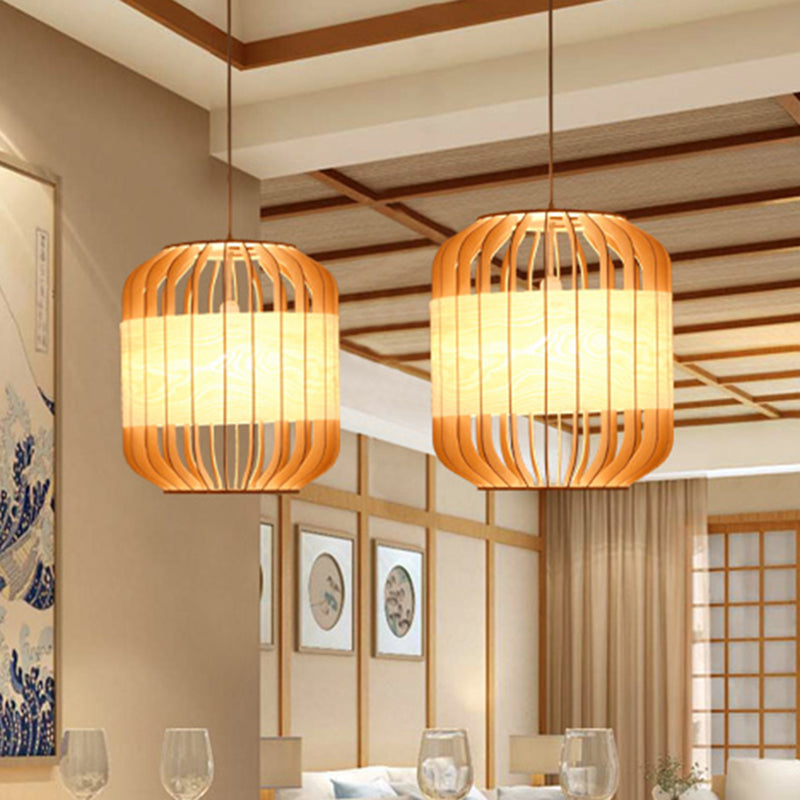 Beige Hanging Light Contemporary Bamboo Pendant Light Fixture for Dining Room
