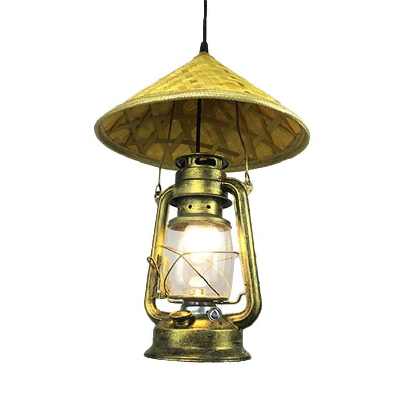 Lodge Style Hat Pendant Light Rattan 1 Light Dining Salle suspendue avec une teinte de lanterne en masse en laiton, 12 "/ 18" W