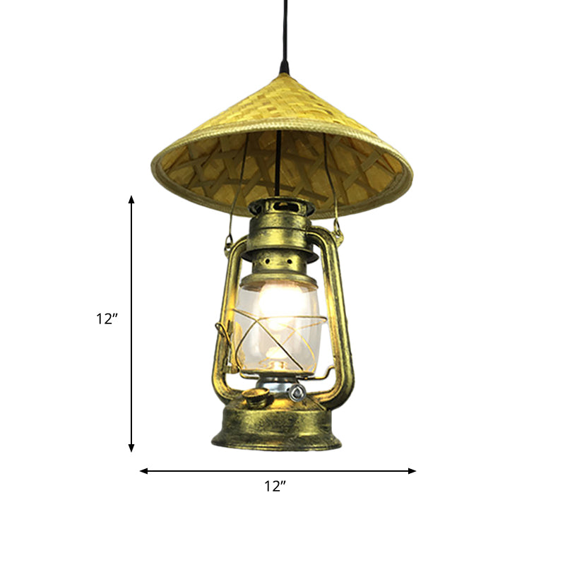 Lodge Style Hat Anhänger Leichtes Rattan 1 Leichter Esszimmer Hängende Lampe mit Metalllaterne in Messing, 12 "/18" W.