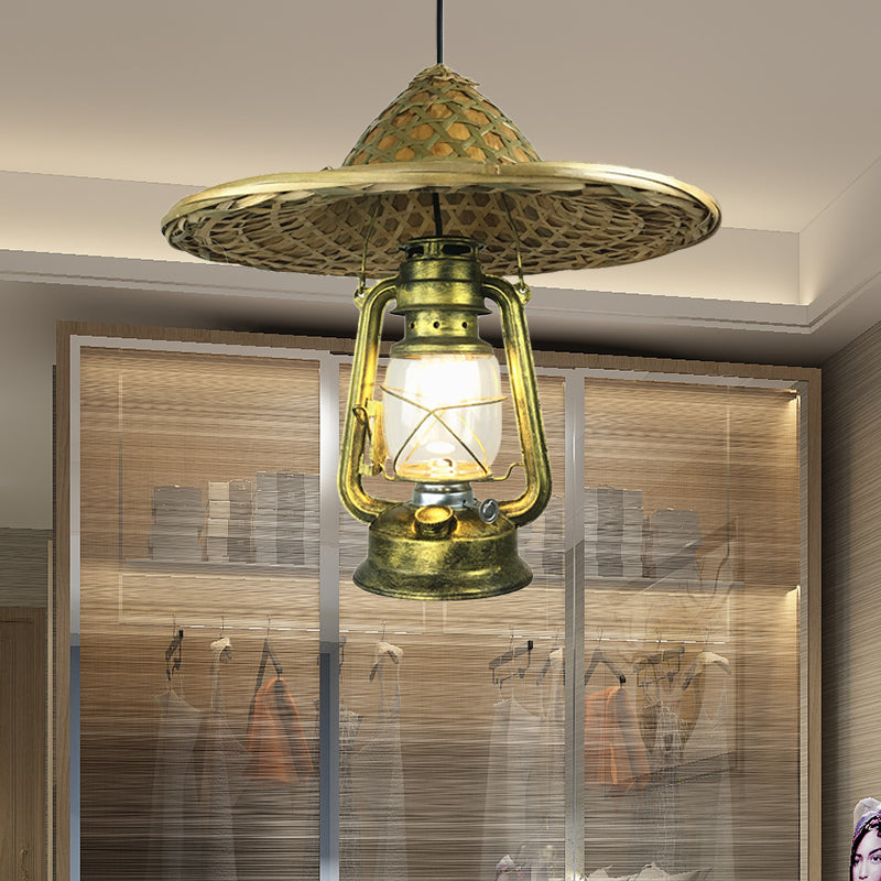 Lodge Style Hat Anhänger Leichtes Rattan 1 Leichter Esszimmer Hängende Lampe mit Metalllaterne in Messing, 12 "/18" W.