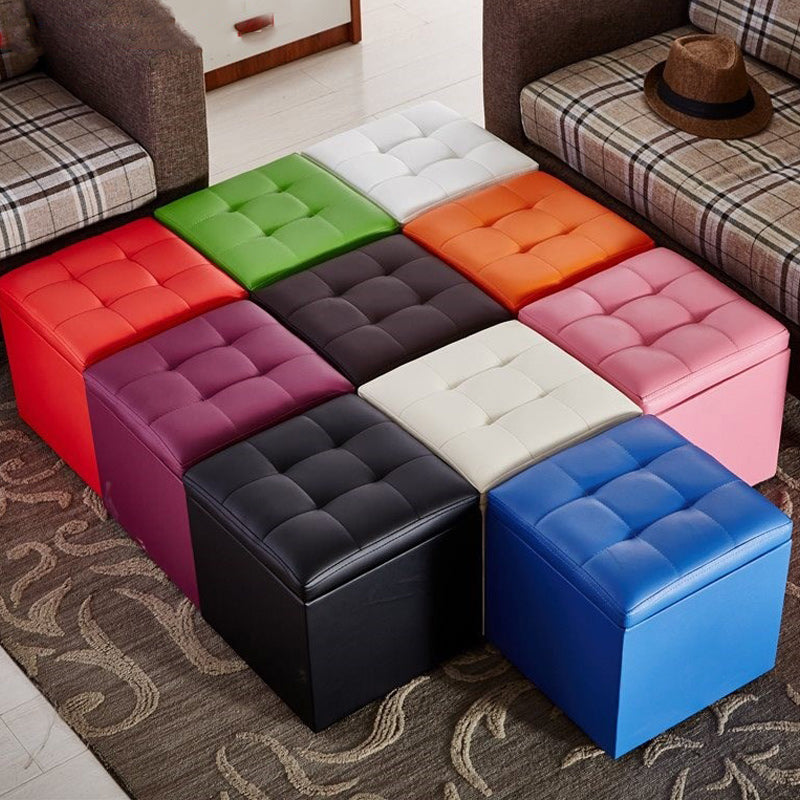 Modern Pouf Ottoman PU Leather Upholstered Tufted Solid Color Square Ottoman with Storage