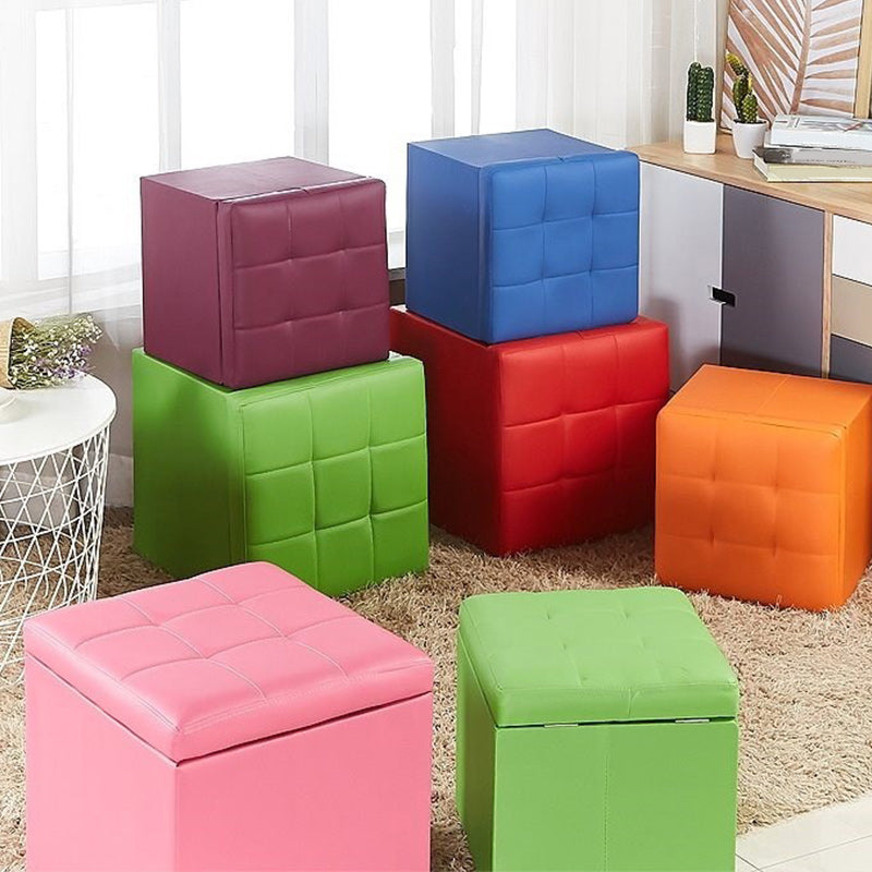 Modern Pouf Ottoman PU Leather Upholstered Tufted Solid Color Square Ottoman with Storage