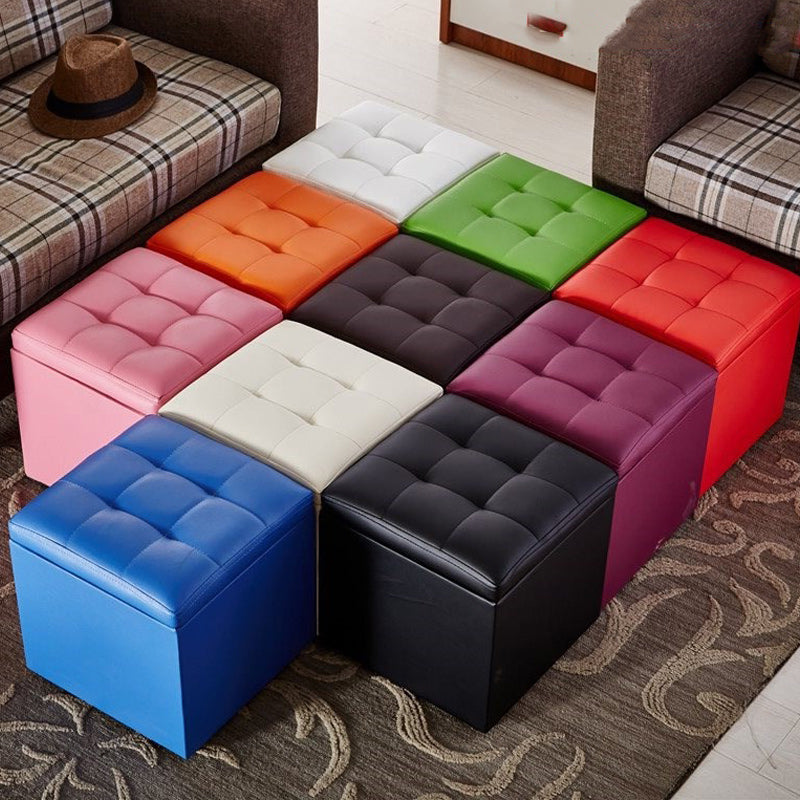 Modern Pouf Ottoman PU Leather Upholstered Tufted Solid Color Square Ottoman with Storage