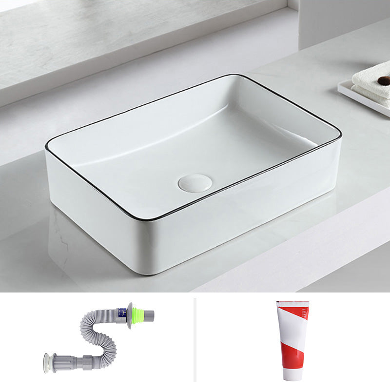Modern Bathroom Sink Pop-Up Drain Porcelain Rectangular Vessel Sink