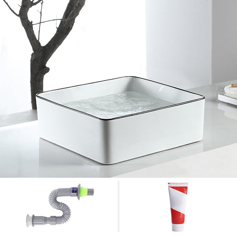Modern Bathroom Sink Pop-Up Drain Porcelain Rectangular Vessel Sink