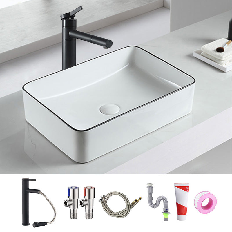 Modern Bathroom Sink Pop-Up Drain Porcelain Rectangular Vessel Sink