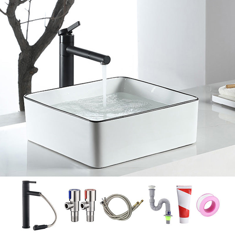 Modern Bathroom Sink Pop-Up Drain Porcelain Rectangular Vessel Sink