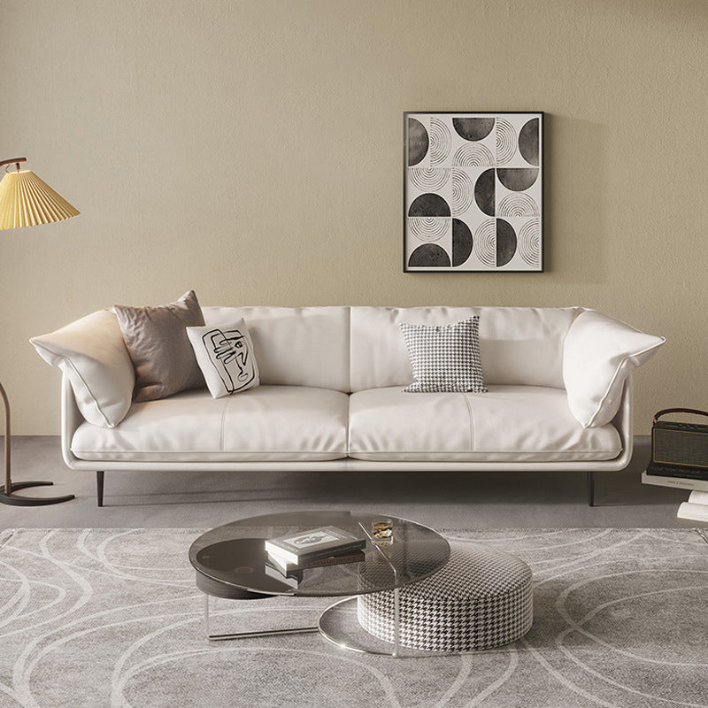 Modern 34.64" H White Genuine Leather Pillow Top Arm Sofa For Living Room