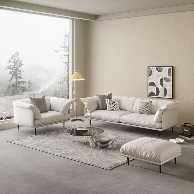 Modern 34.64" H White Genuine Leather Pillow Top Arm Sofa For Living Room