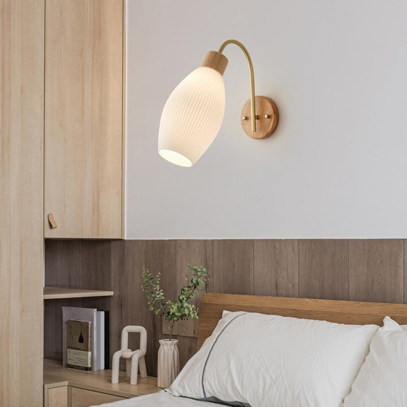 Single Modernism Beige Wall Mounted Sconce Shaded Wall Light with Wood
