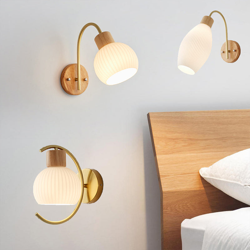 Single Modernism Beige Wall Mounted Sconce Shaded Wall Light with Wood