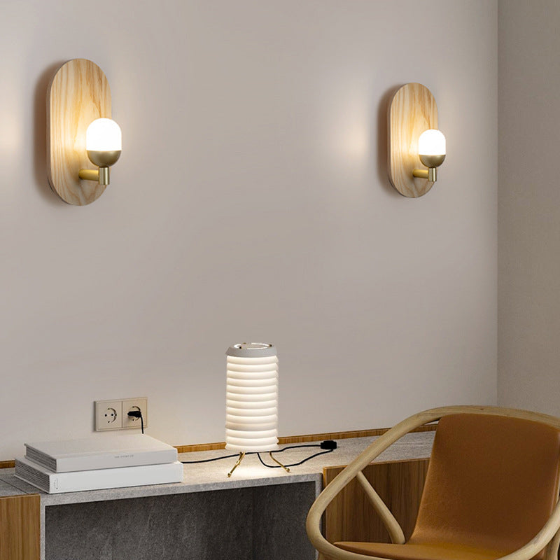 Single Modernism Beige Wall Mounted Sconce Oval Wooden Wall Light