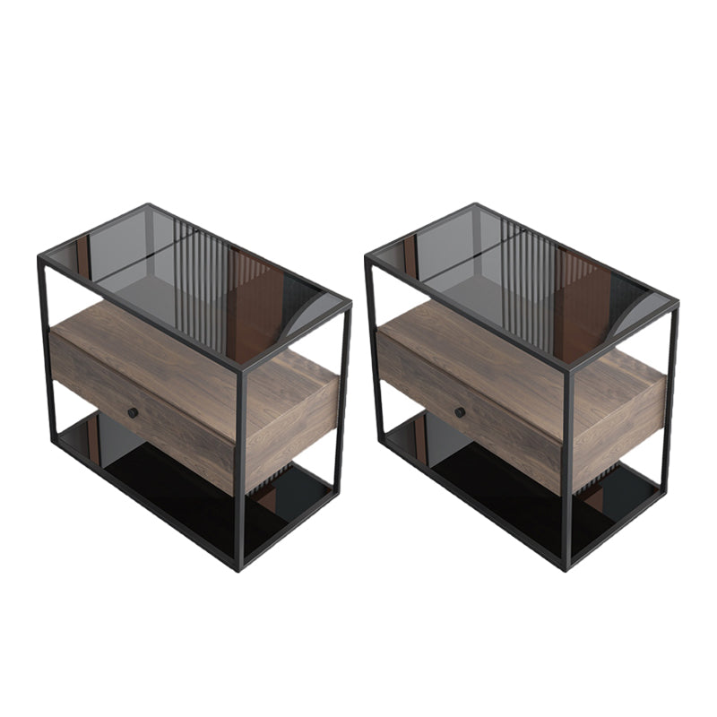 21.65" Tall Rectangular Glass Top Side Table Stainless Steel Frame End Table with Storage