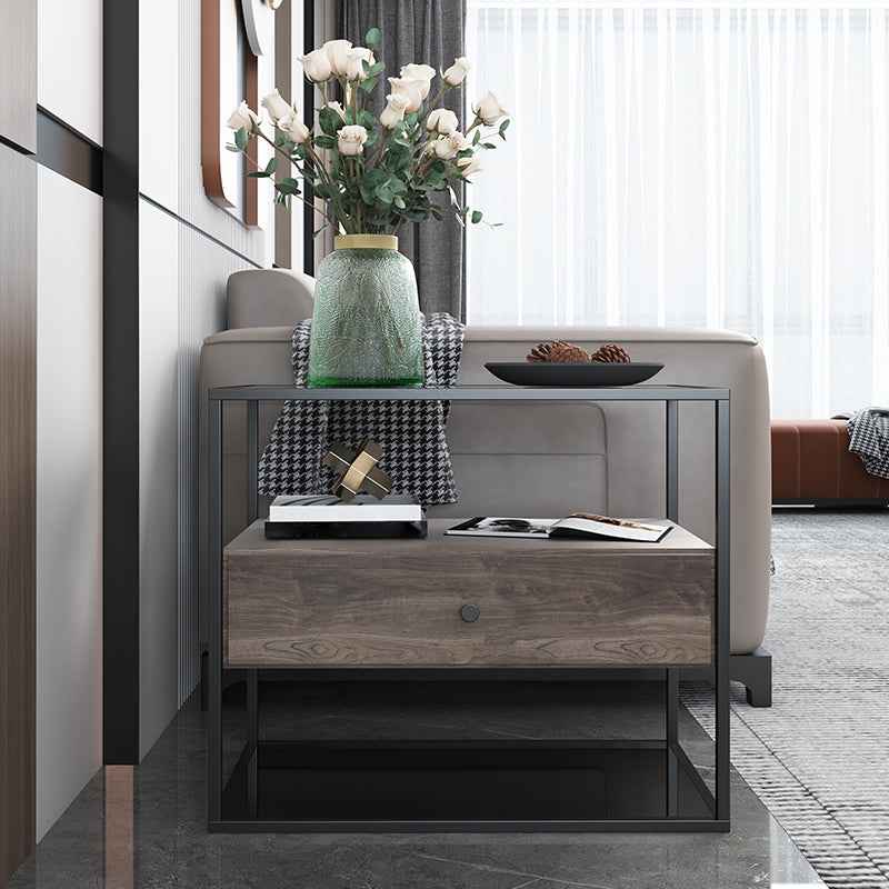 21.65" Tall Rectangular Glass Top Side Table Stainless Steel Frame End Table with Storage