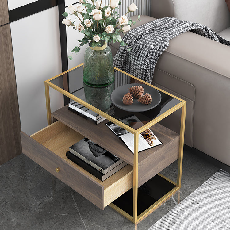 21.65" Tall Rectangular Glass Top Side Table Stainless Steel Frame End Table with Storage