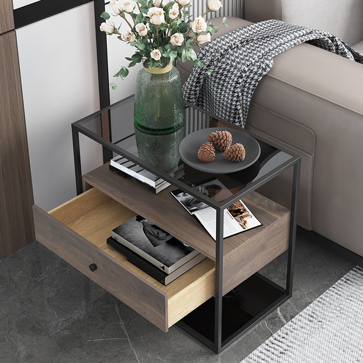 21.65" Tall Rectangular Glass Top Side Table Stainless Steel Frame End Table with Storage