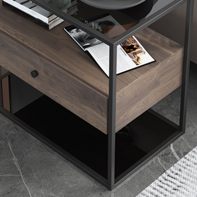 21.65" Tall Rectangular Glass Top Side Table Stainless Steel Frame End Table with Storage