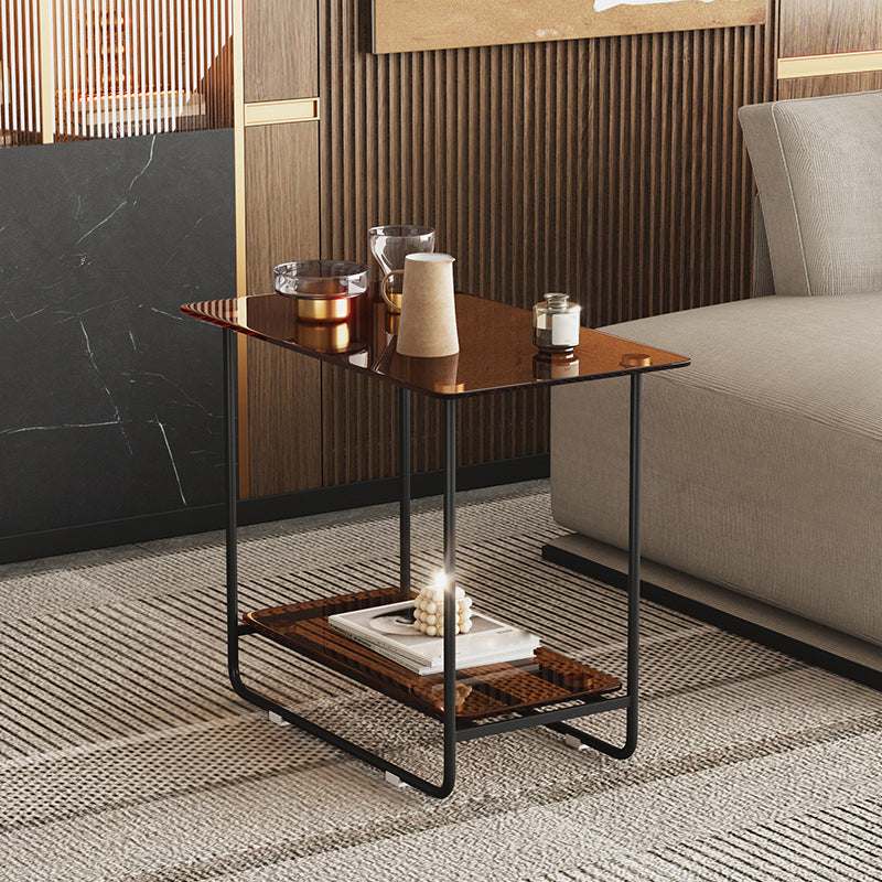 Rectangle Glass Top Side Table 21.65" Tall Metal Sled Base End Table with Shelf