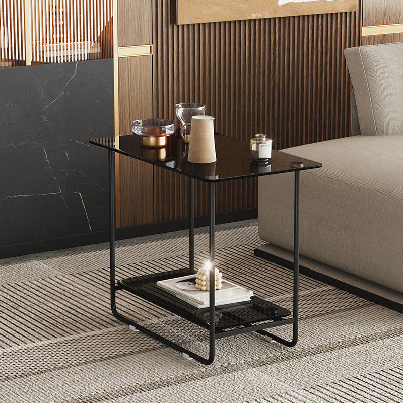 Rectangle Glass Top Side Table 21.65" Tall Metal Sled Base End Table with Shelf