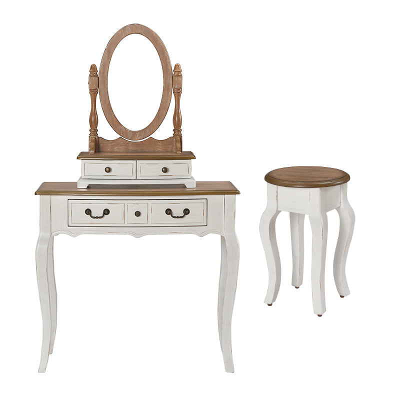 Victorian White Makeup Vanity Desk Table Solid Wood Dressing Table Stool Set