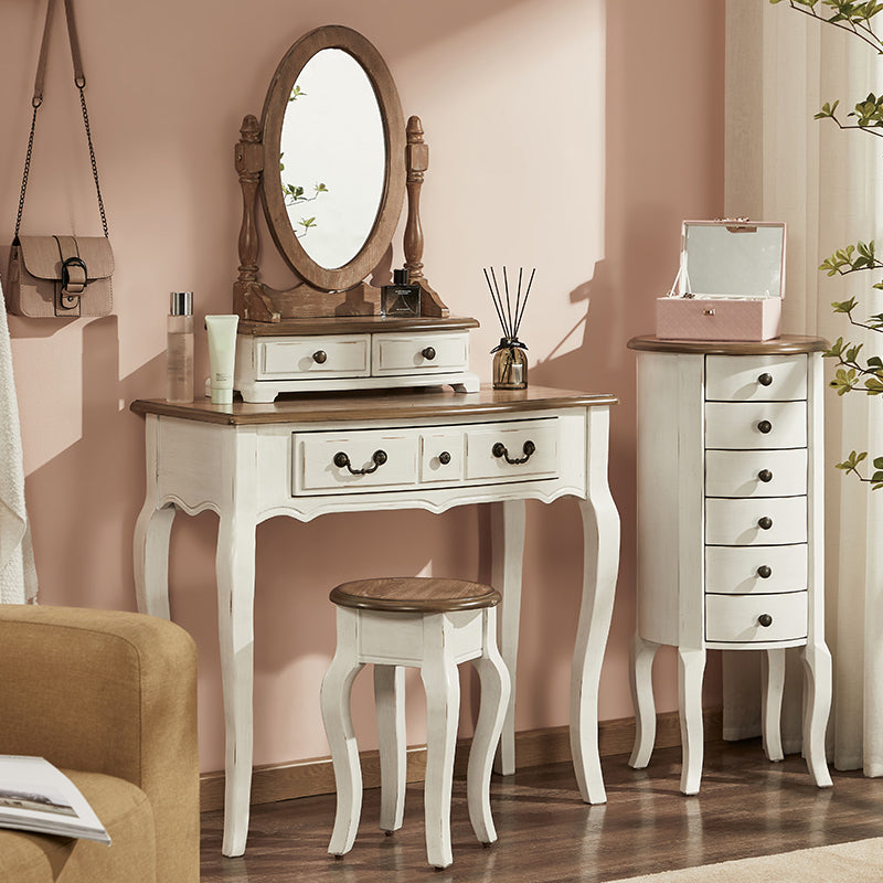 Victorian White Makeup Vanity Desk Table Solid Wood Dressing Table Stool Set
