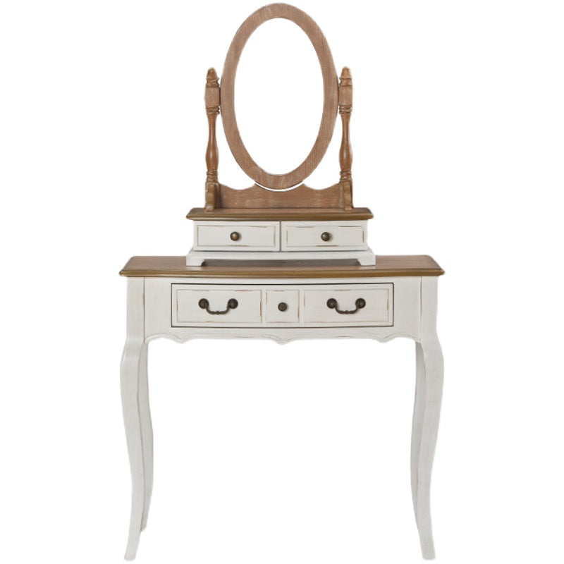 Victorian White Makeup Vanity Desk Table Solid Wood Dressing Table Stool Set