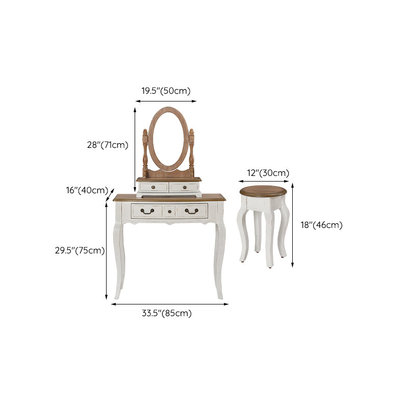 Victorian White Makeup Vanity Desk Table Solid Wood Dressing Table Stool Set
