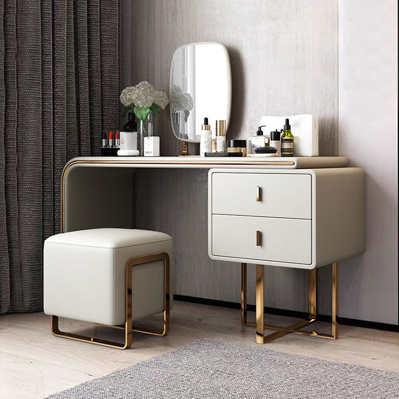 Glam Vanity Table and Stool Set 2-Drawer Faux Leather Vanity Dressing Table