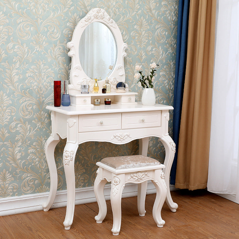 Victorian Mirrored Makeup Dressing Table Wood Stool Set in White